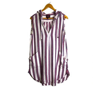 For Cynthia Coverup M Striped Blue/Red/White Pockets Hooded  Boho Hippy